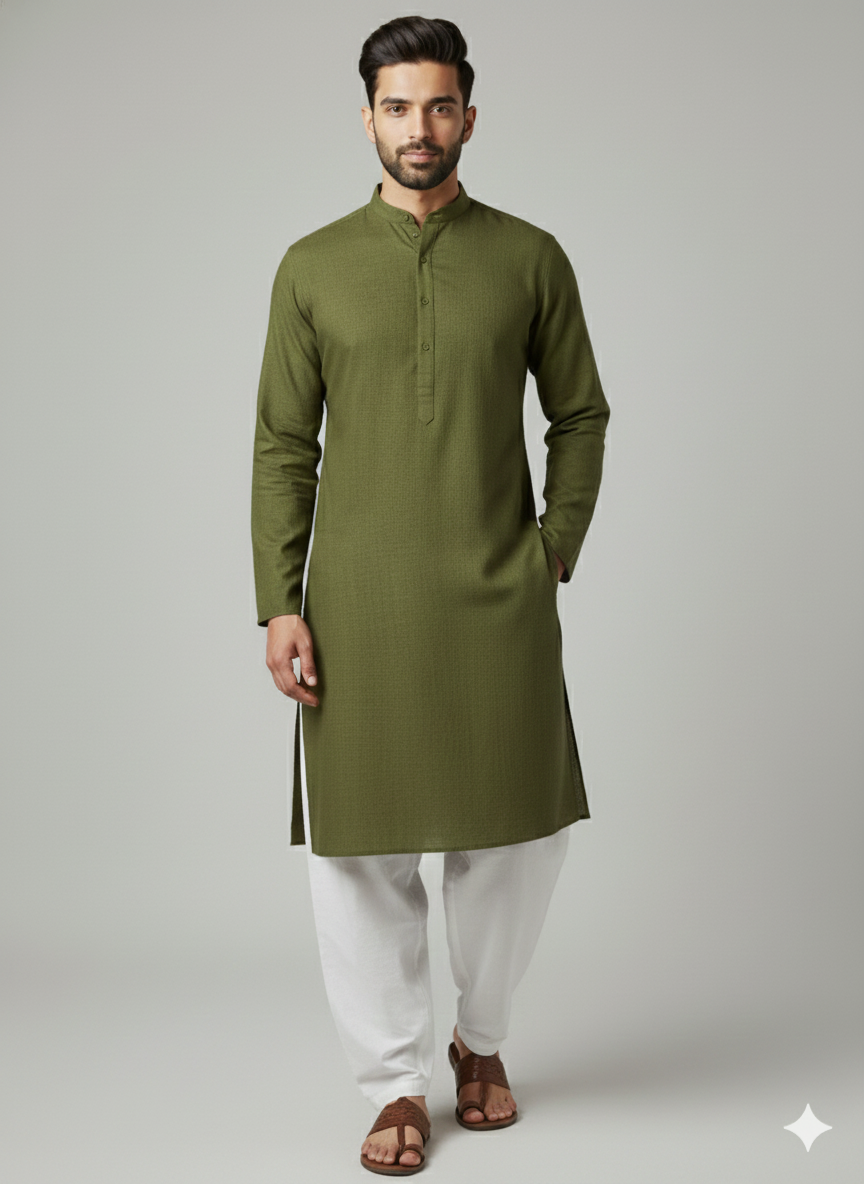 Exclusive Premium Olive Green Plain Men’s Kurta | Ethnic Wear