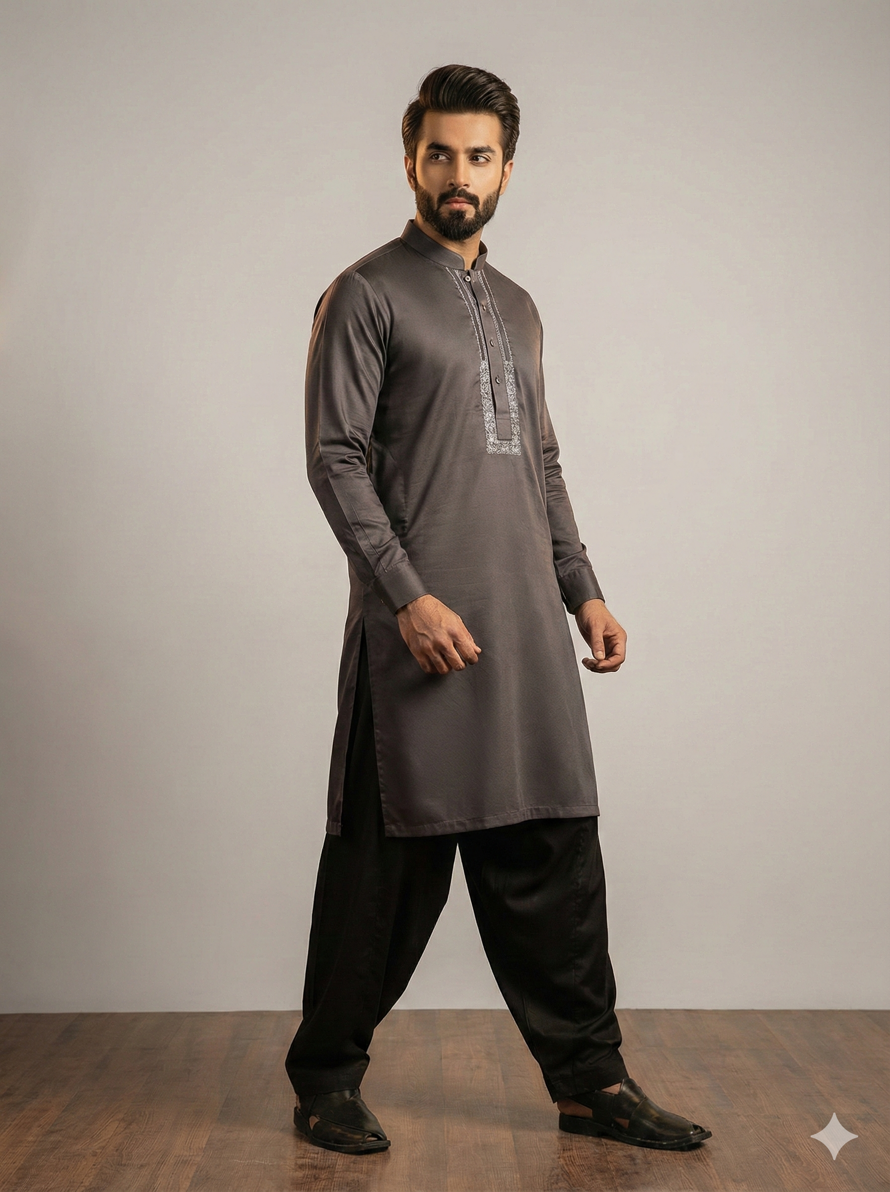 Exclusive Premium Dark Grey Men’s Kurta – Elegant Embroidery Design