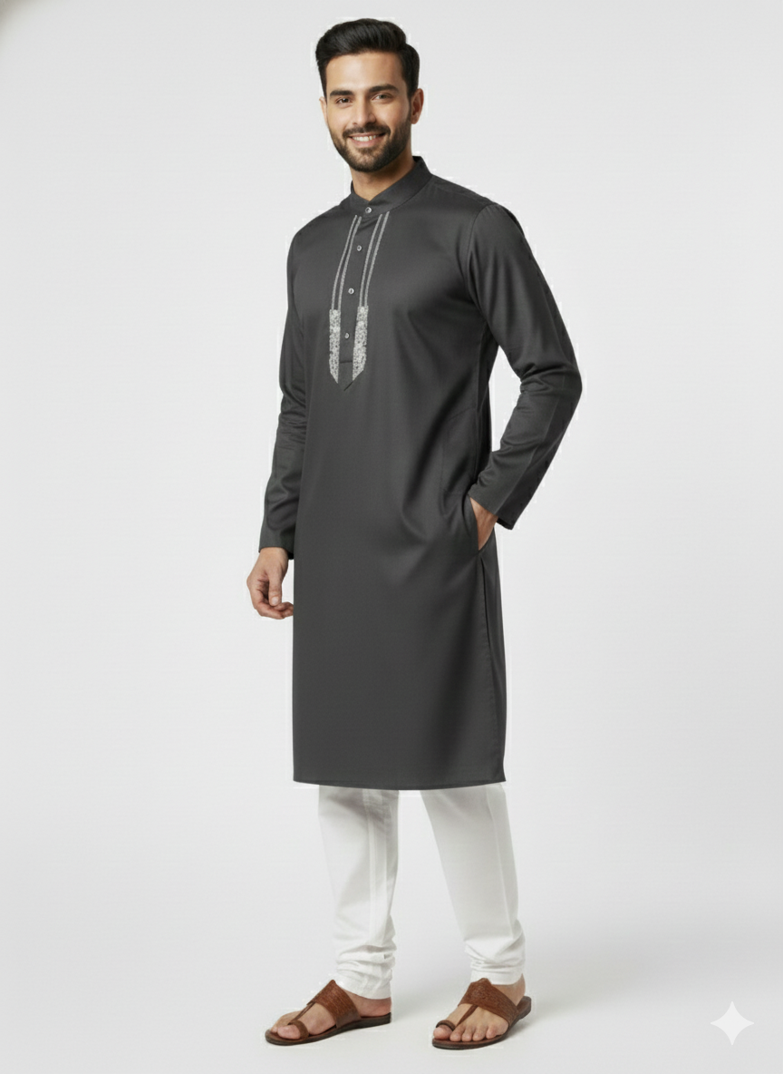Exclusive Premium Grey Men’s Kurta with Embroidery | Elegant Ethnic Wear