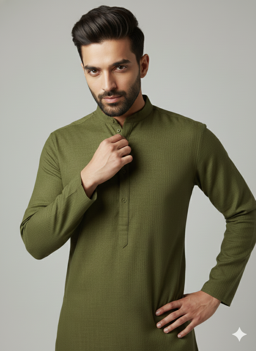 Exclusive Premium Olive Green Plain Men’s Kurta | Ethnic Wear