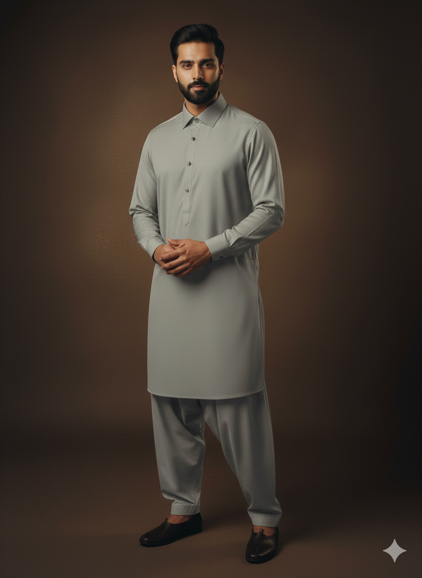 Exclusive Premium Light Grey Men’s Shalwar Kameez | Shirt Collar FM(SS)