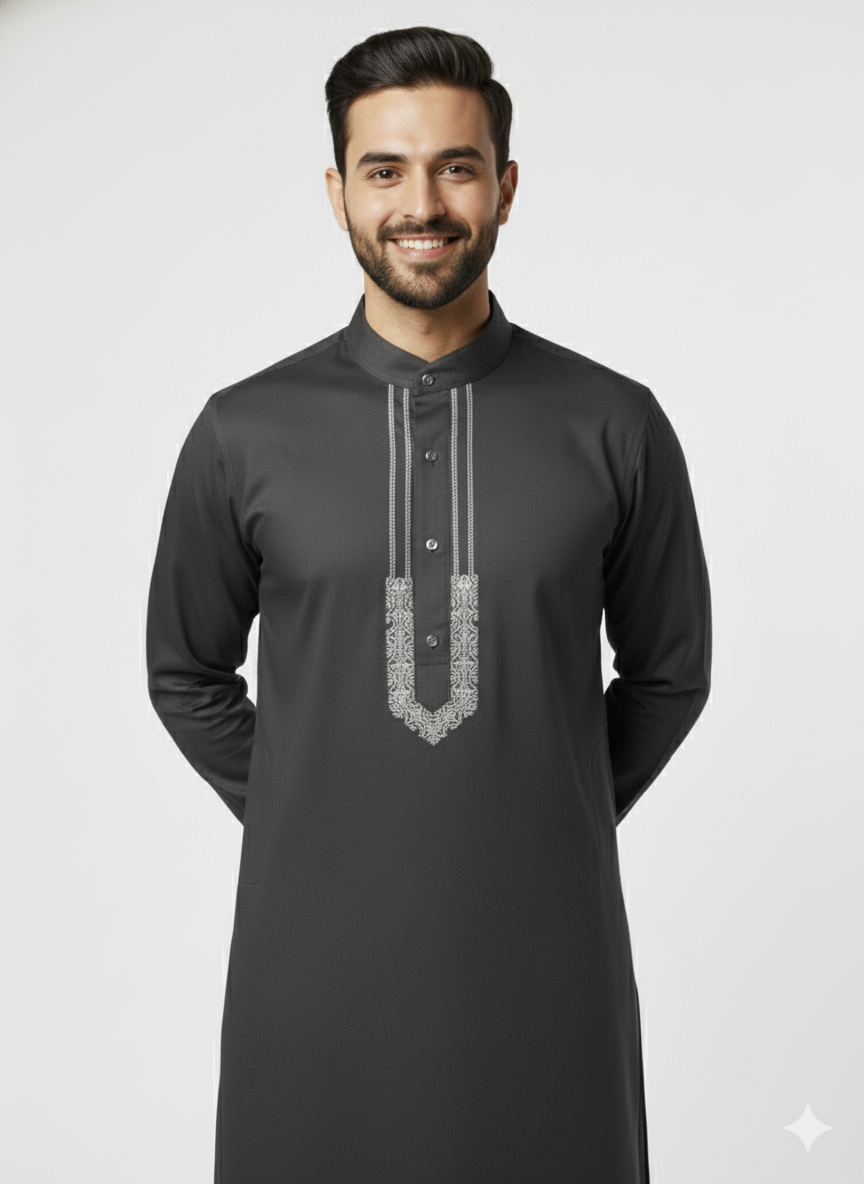 Exclusive Premium Grey Men’s Kurta with Embroidery | Elegant Ethnic Wear