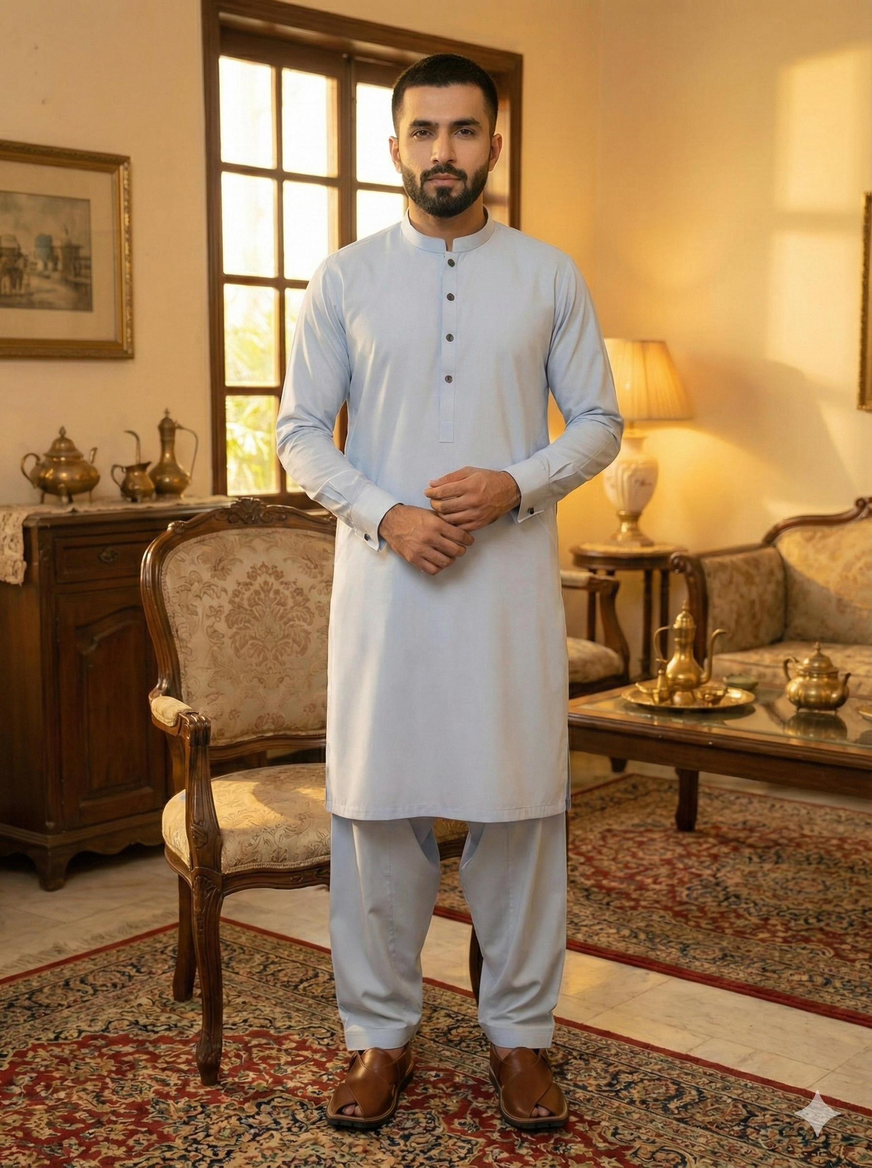 Exclusive Premium Light Blue Men’s Shalwar Kameez – Band Collar | FM(SS)