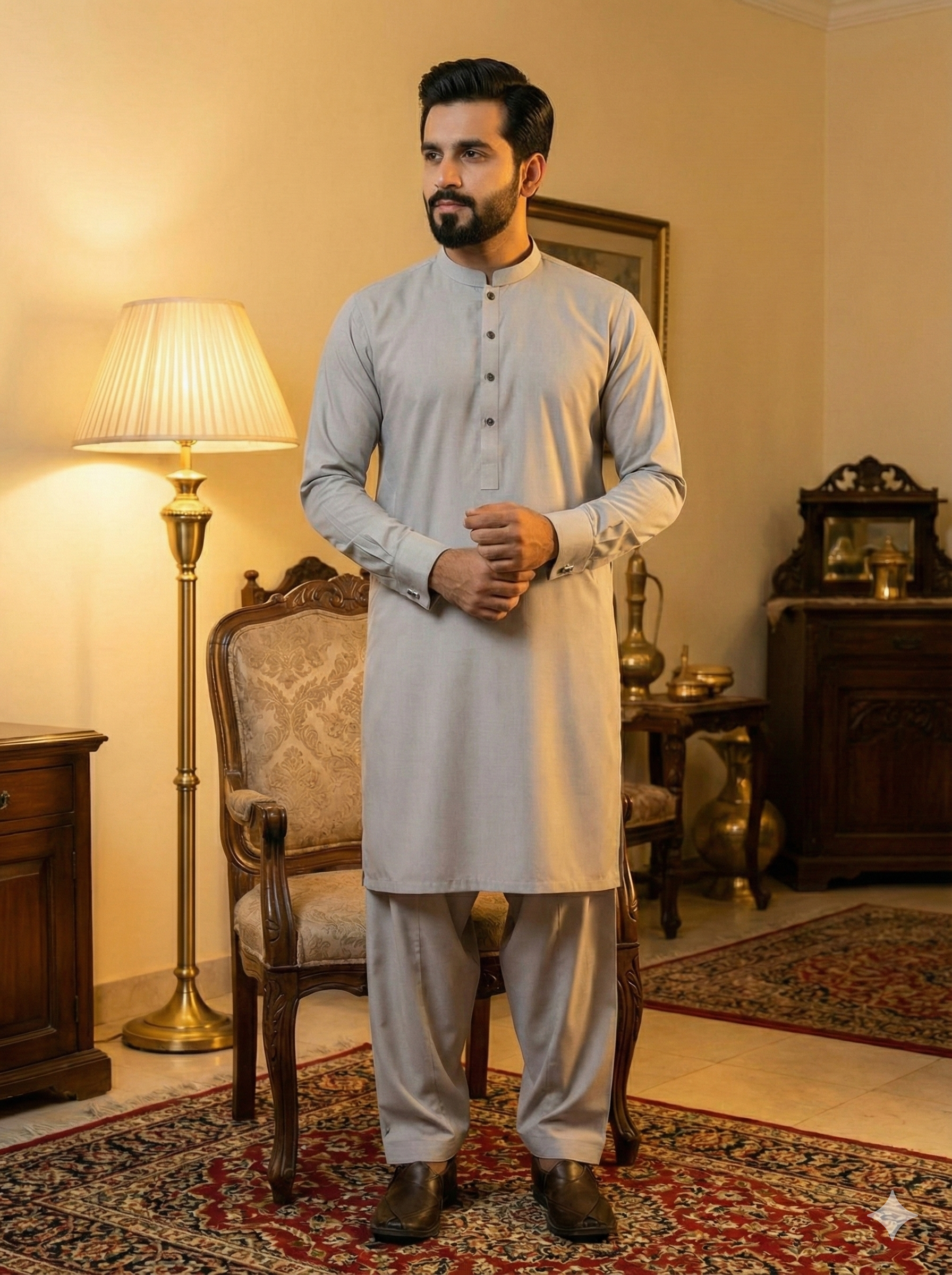 Exclusive Premium Light Grey Men’s Shalwar Kameez | Band Collar FM(SS)